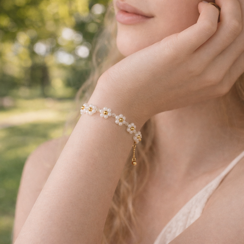 White Daisy Flower Bracelet Set Of 2