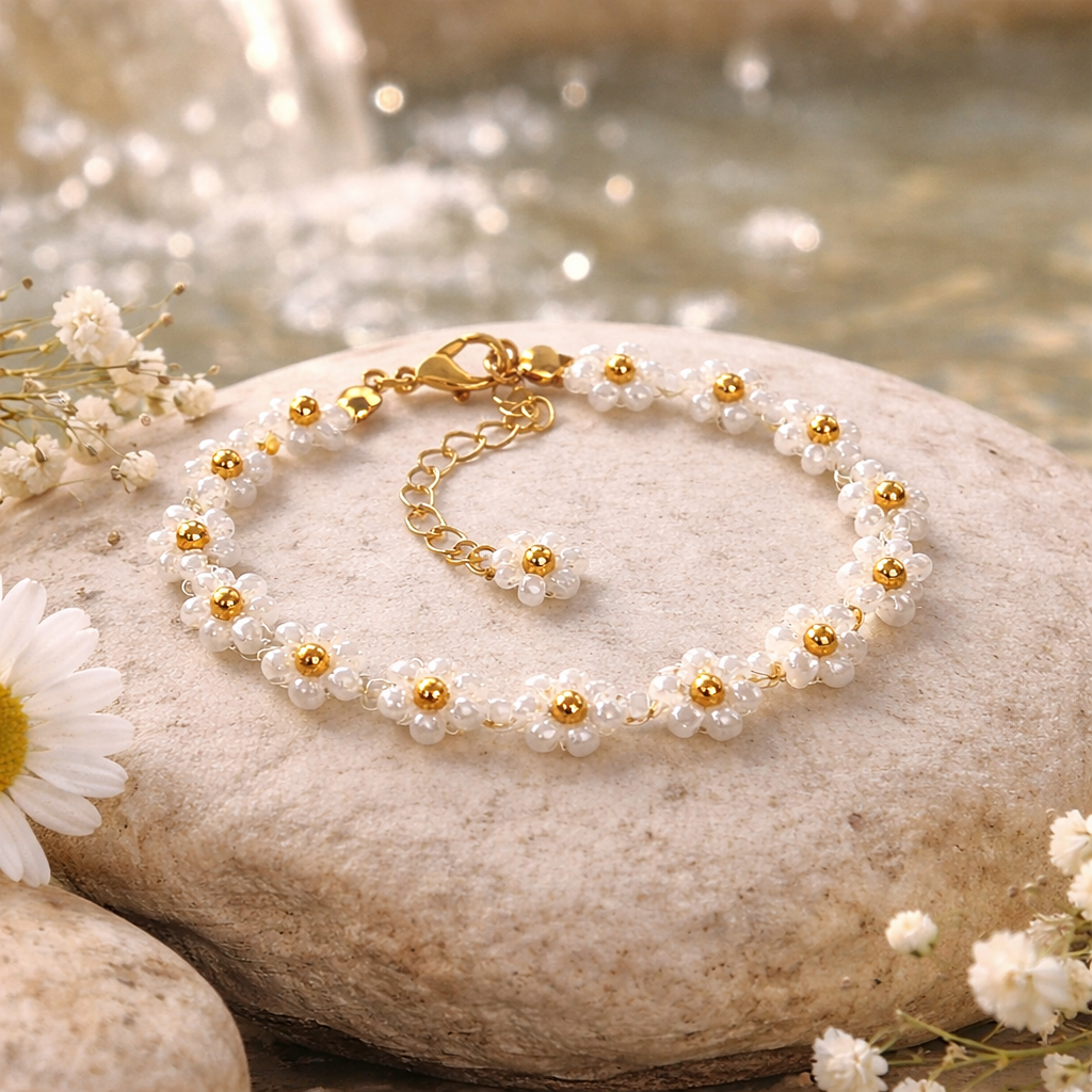 White Daisy Flower Bracelet Set Of 2